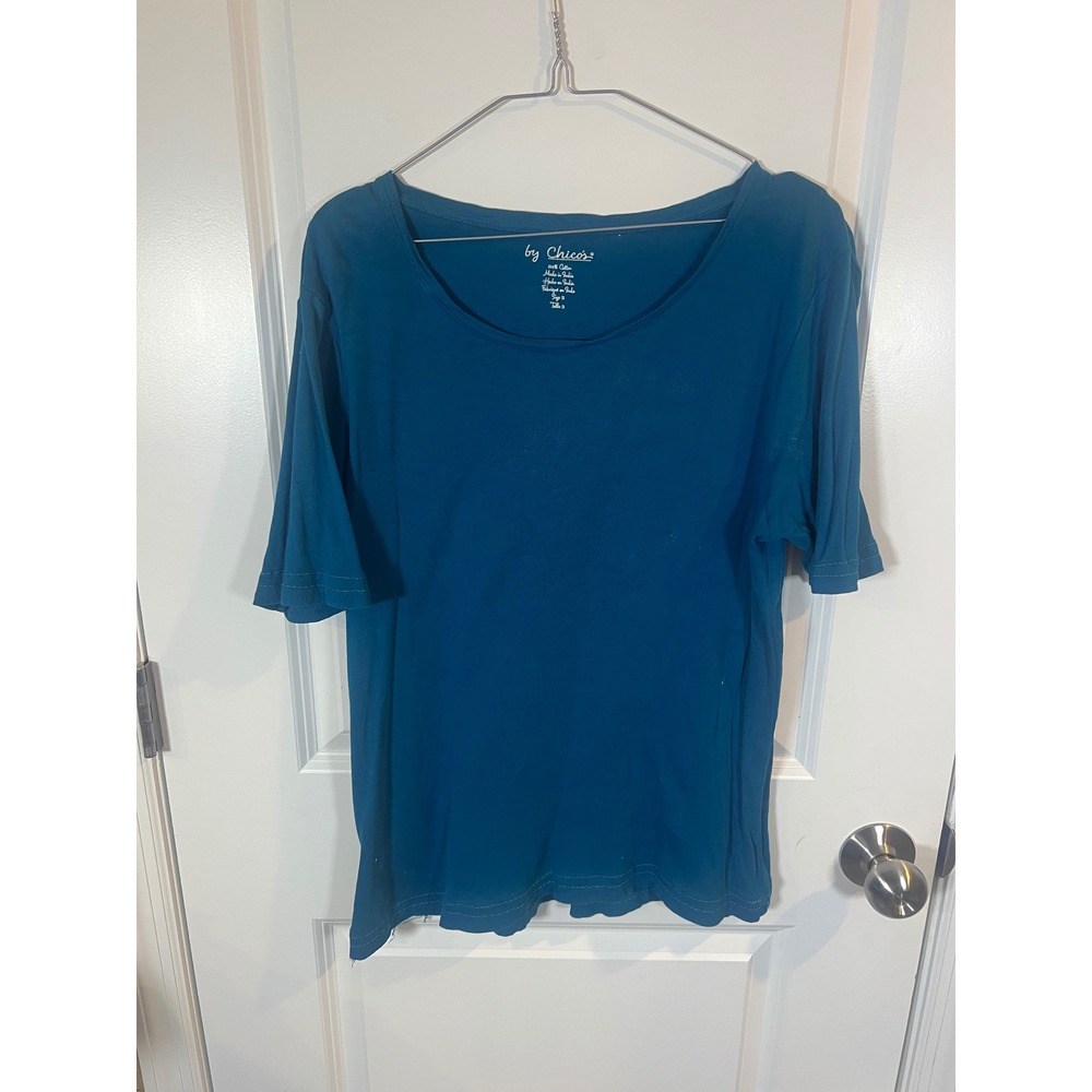 Chicos Women T-Shirt 100% Cotton Ribbed Knit Teal Blue Size 2